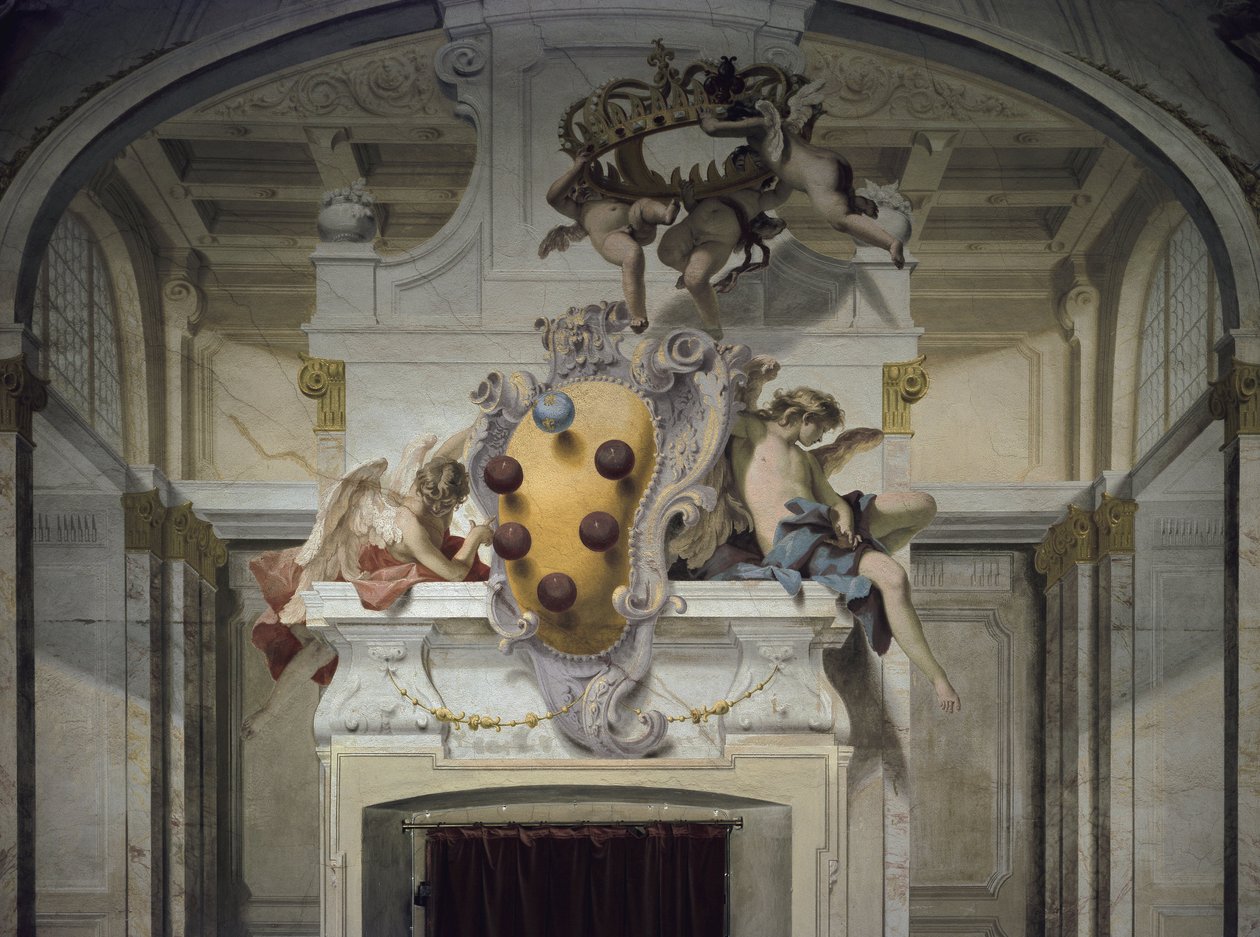 メディチ家の紋章。セバスティアーノ・リッチ（1659-1734）によるフレスコ画（1707-1708年頃）。フィレンツェ、ピッティ宮殿 作： セバスティアーノ・リッチ