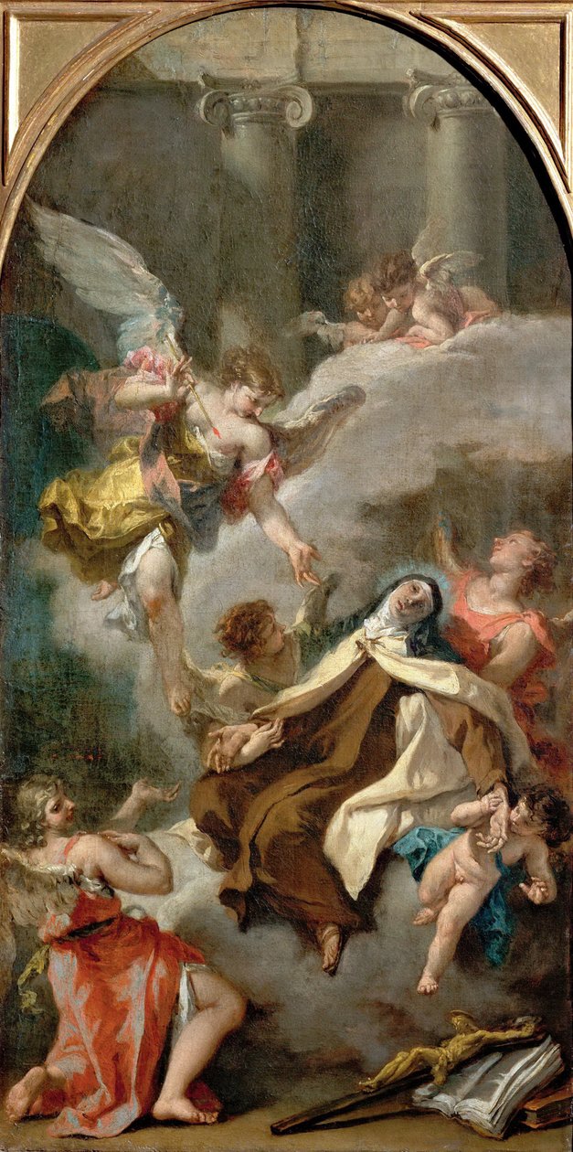アビラの聖テレサ（1515-1582）の幻影 - セバスティアーノ・リッチ（1659-1734）。キャンバスに油彩、約1728年。寸法：71.5x37 cm。美術史博物館、ヴィエンヌ 作： セバスティアーノ・リッチ