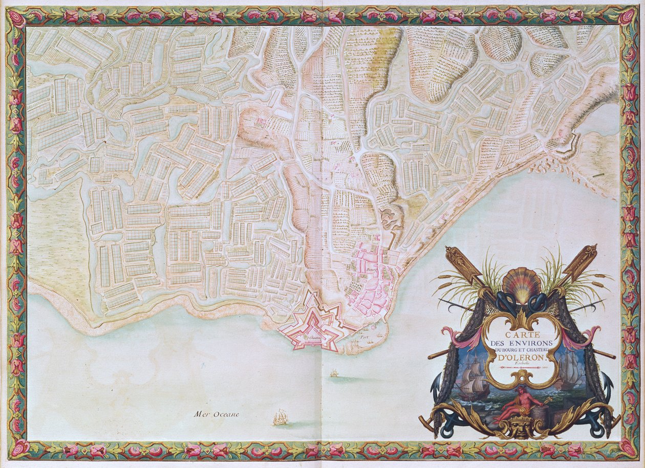 Ms. 988 T. III fol。 42ルイ14世のアトラスからのオレロンの町と城の周辺の地図（紙、ペン、インク、ガッシュ） 作： セバスチャンルプレストレドゥヴォーバン