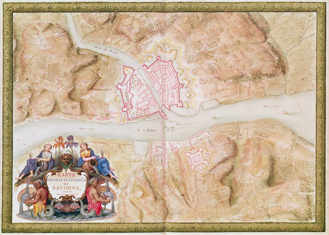 Ms 988 tome 3 fol.45「アトラスルイ14世」からのバイヨンヌの町と城塞の計画と地図、1683-88年 作： セバスチャンルプレストレドゥヴォーバン
