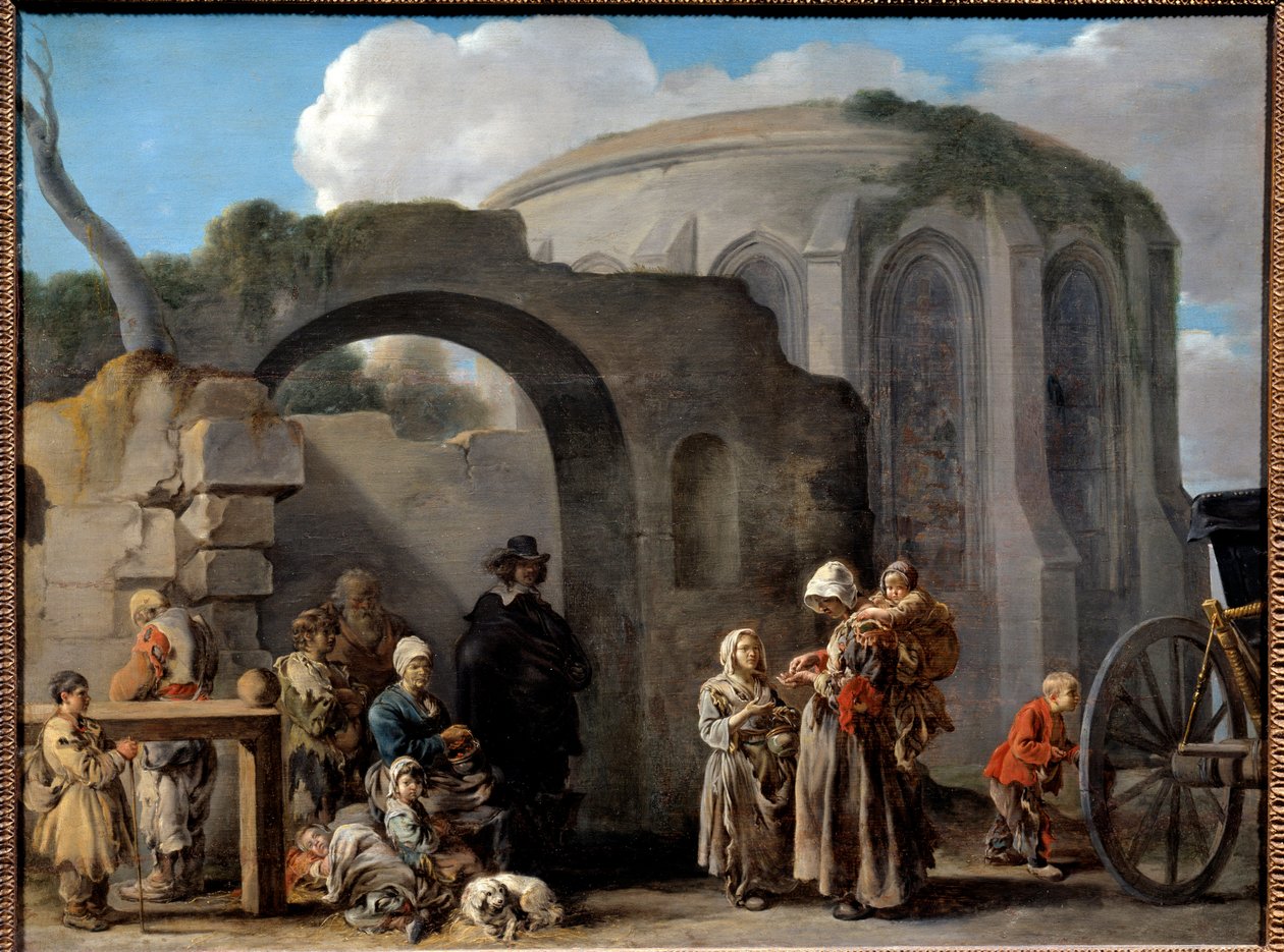 Les beggars 絵画 Sebastien Bourdon (1616-1671) 17世紀 Sun.0.49x0.65 m 作： セバスチャンブルドン