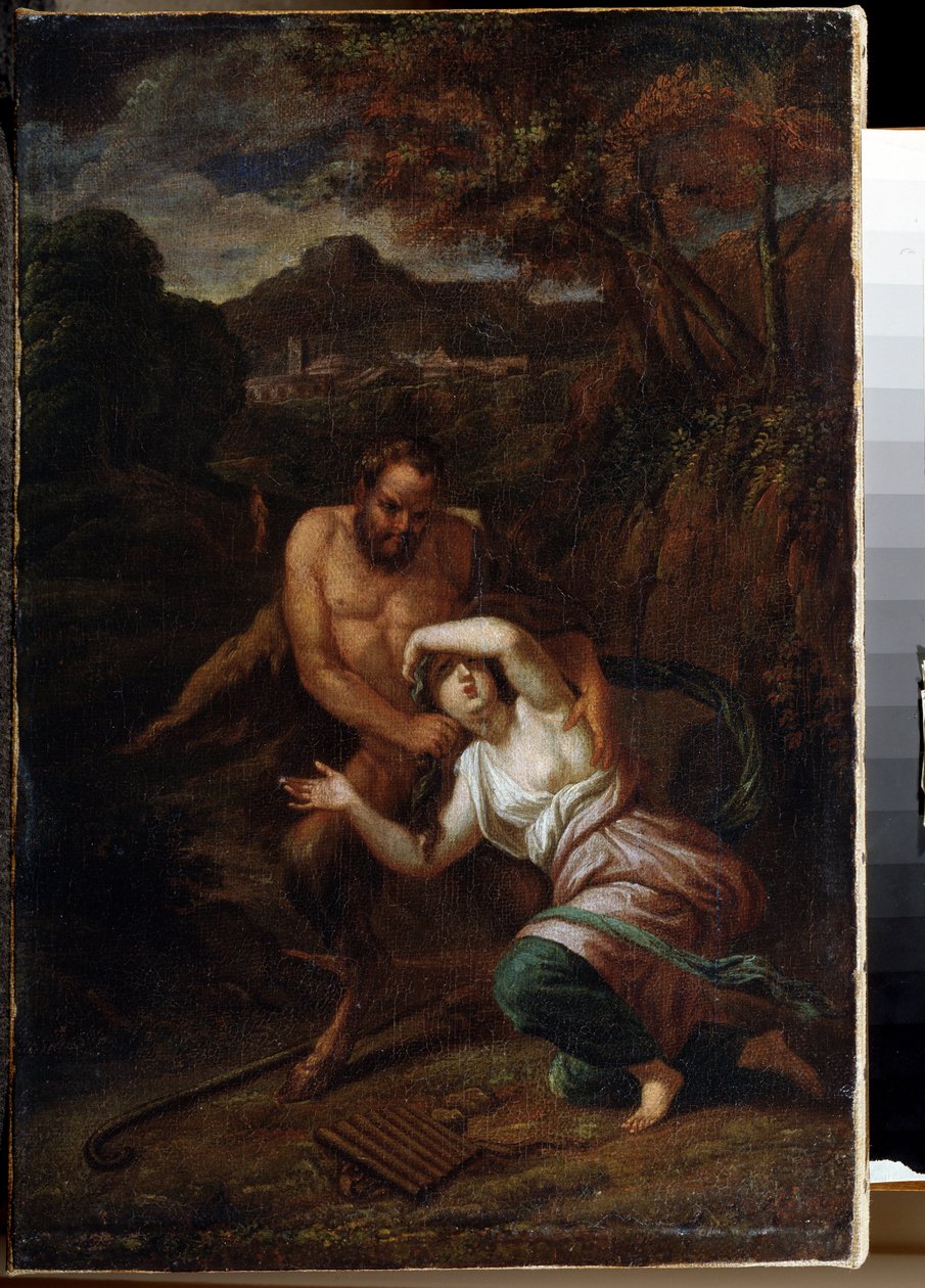 """Pan et la nymphe Syrinx"" (Pan and Nymph Syrinx) Sebastien Bourdon (1616-1671) による絵画 17 世紀 国立野外博物館 パレス ガッチナ、サンクトペテルブルク 作： セバスチャンブルドン