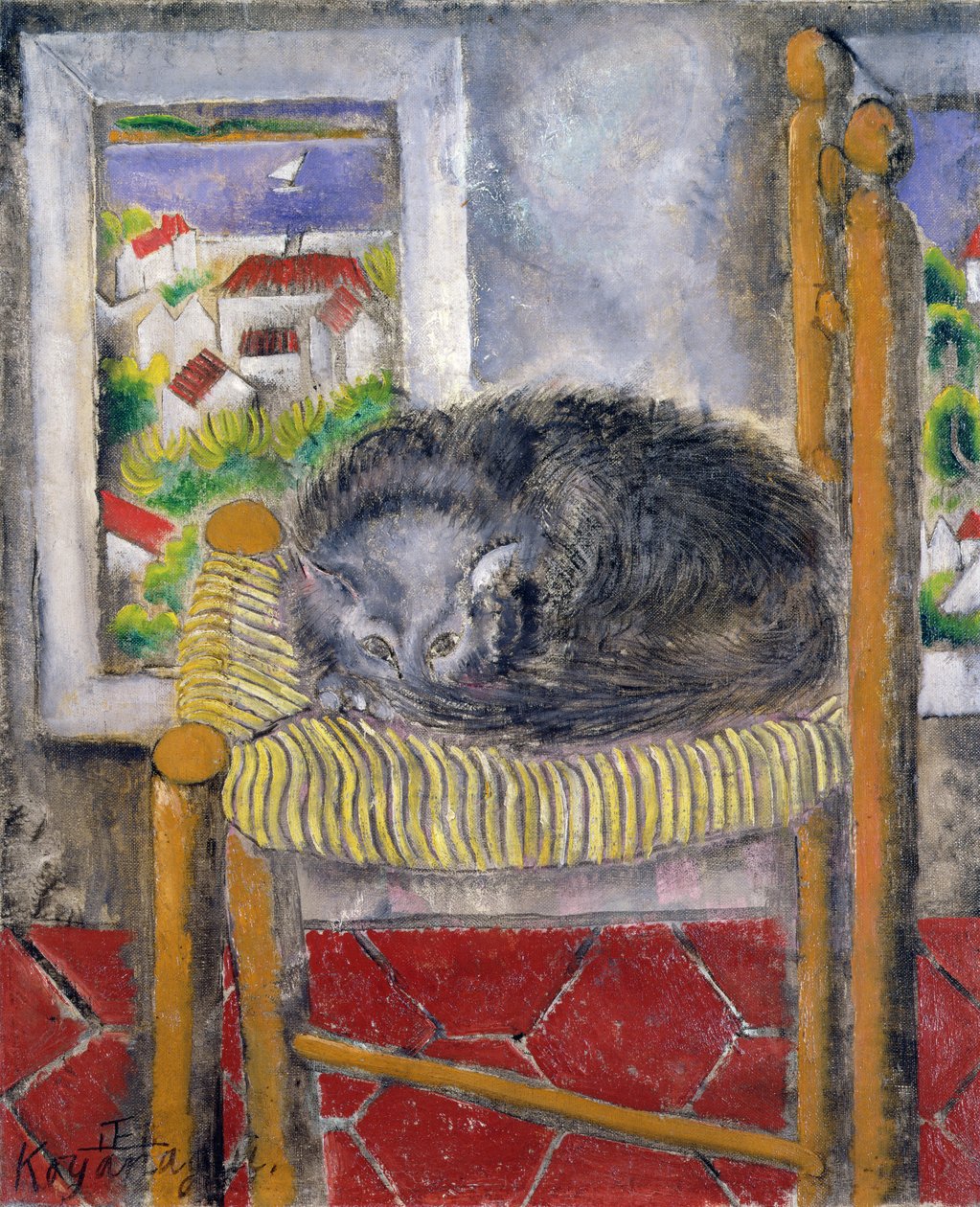 い草椅子の猫（キャンバスに油彩） 作： コヤナギになる