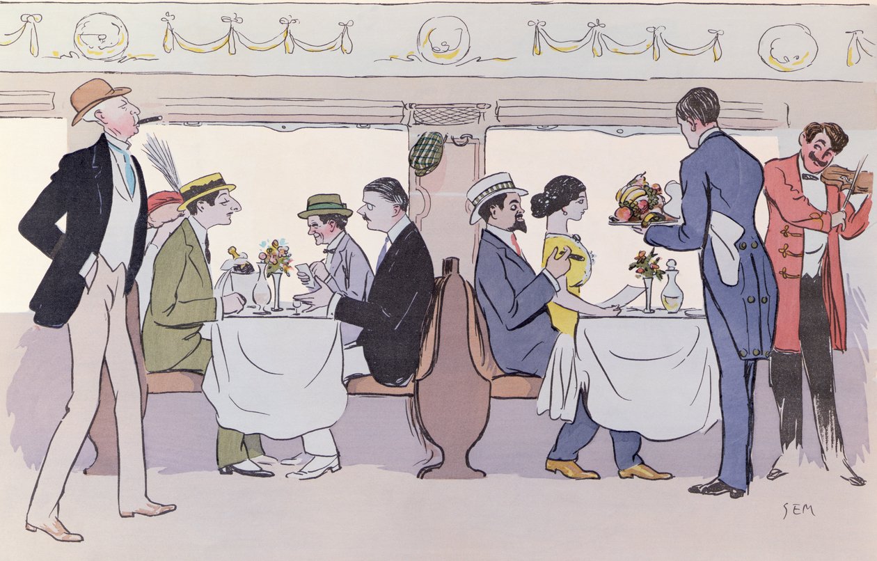 パリのレストランカーからニーストレインへ、1913年 作： セム