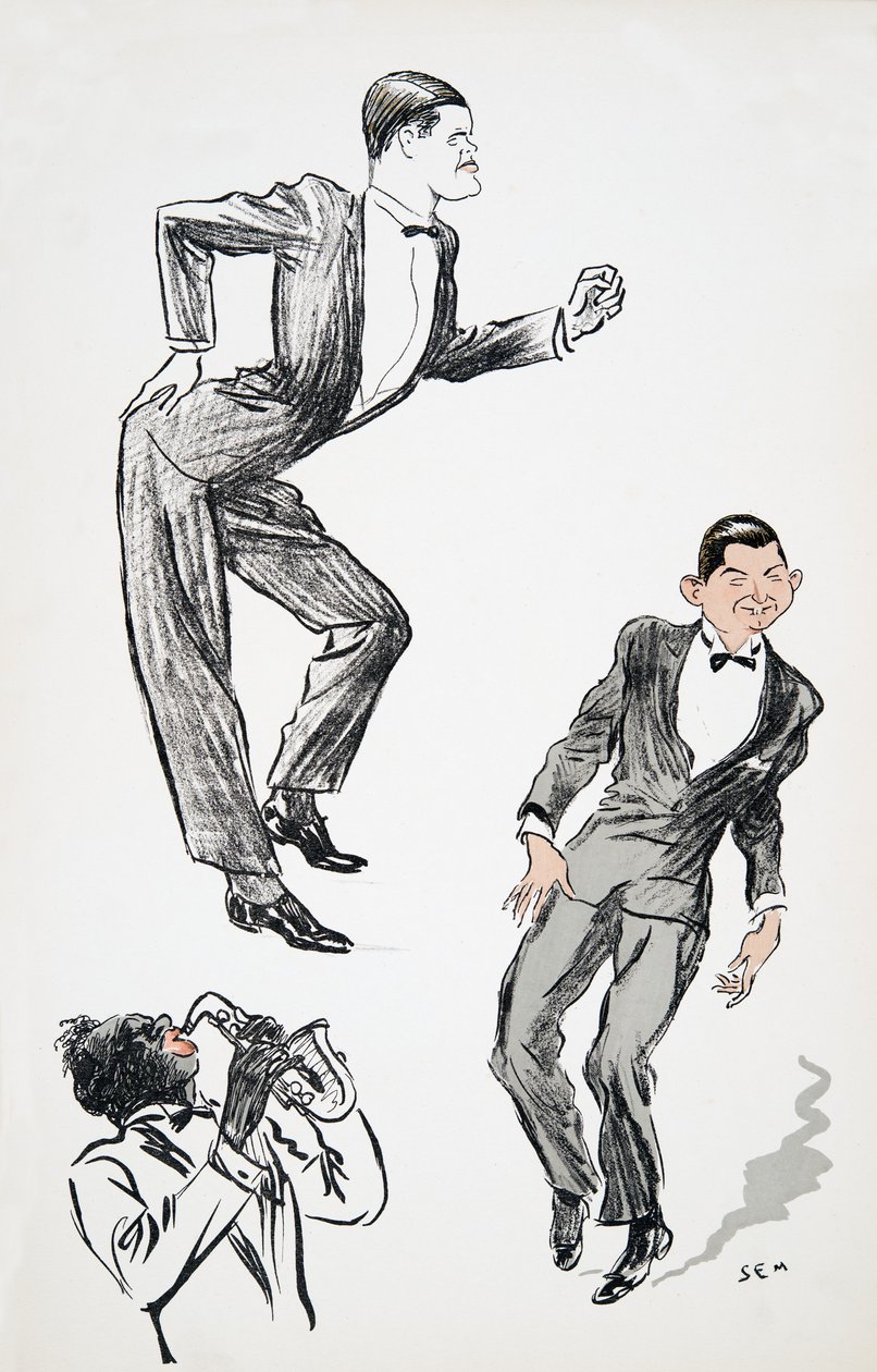 黒のネクタイをした2人の男性が、パブWhite Bottomsのサックスでミュージシャンと踊ります。 1927（カラーブロックプリント） 作： セム