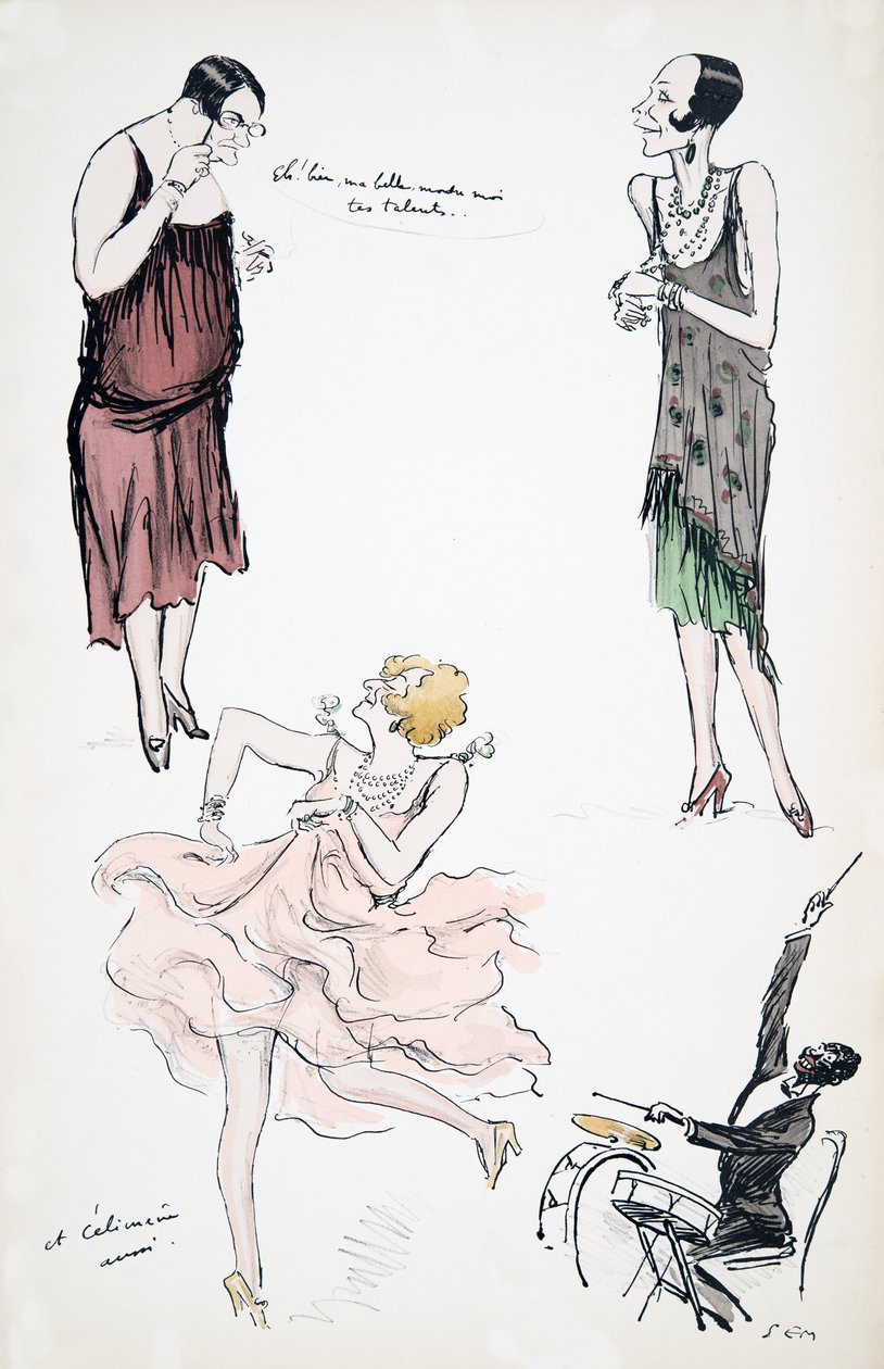 パブのWhite Bottomsから、ドラムの上でさらにミュージシャンに踊りながら、議論中の2人の女装者。 1927（カラーブロックプリント） 作： セム