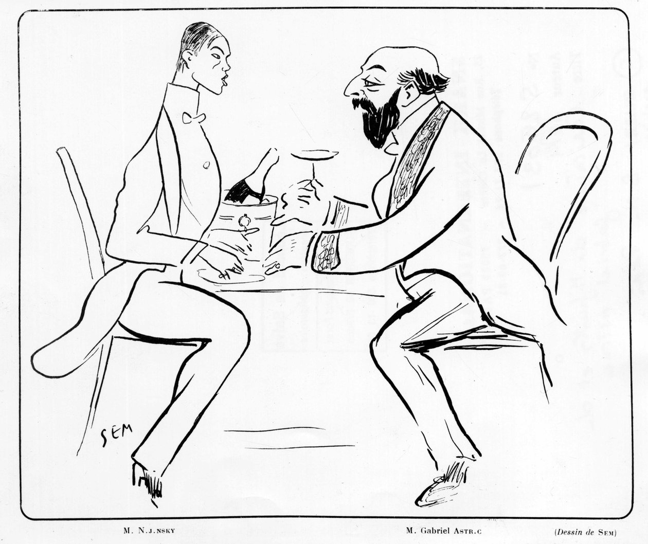 セム（1863 - 1934）が描いた、カフェでのニジンスキーとガブリエル・アストリの漫画。 作： セム