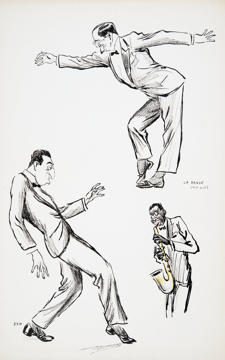 パブのWhite Bottomsから、黒のネクタイを着た2人の紳士がサックスにLa Danse Havasを演奏します。 1927年（カラーブロックプリント）、ホワイトボトムス、パブ。 1927（カラーブロックプリント） 作： セム