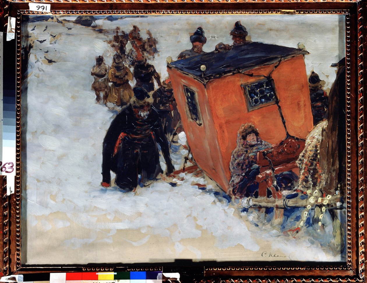 そりはボヤール（boiard、boiar）（ロシアの貴族）を閉じます（ボヤールの閉じたそり）。 Sergei Vasilyevich Ivanov (1864-1910) の作品、紙に油彩 作： セルゲイ・イワノビッチ・グリブコフ