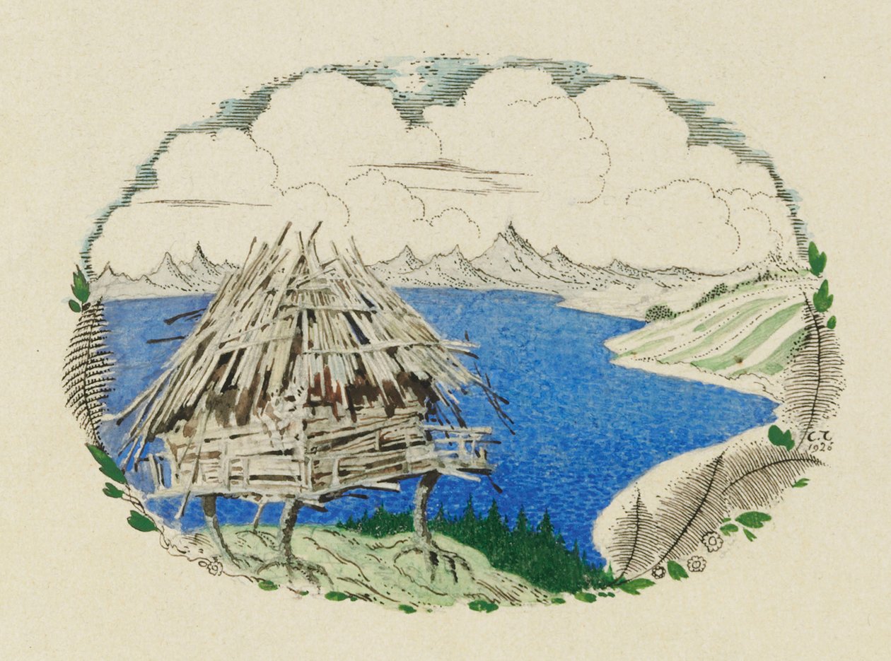 鶏の足の小屋。 A.プーシキン、1921-1926年の詩、ルスランとリュドミラへの挿絵。 作： セルゲイ・ヴァシレヴィッチ・チェホニン