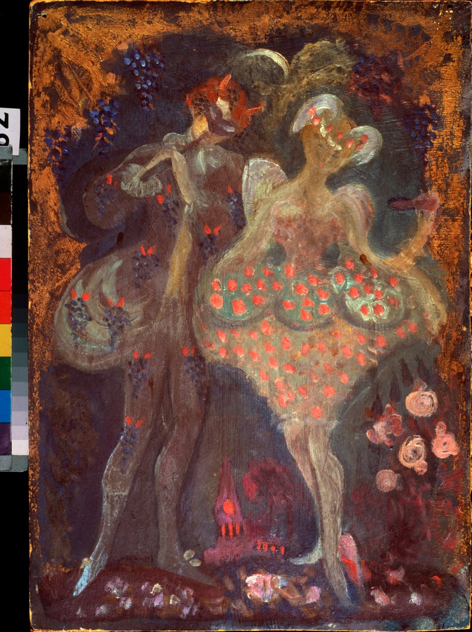 キューピッドと牧神。 Sergei Yurievich Sudeykin (Serge Soudeikine) (1882-1946) の作品、段ボールにテンペラ。 20世紀初頭のロシア美術。 共和国タタルスタン国立美術館、カザン (ロシア)。 作： セルゲイ・ユレヴィッチ・スデイキン