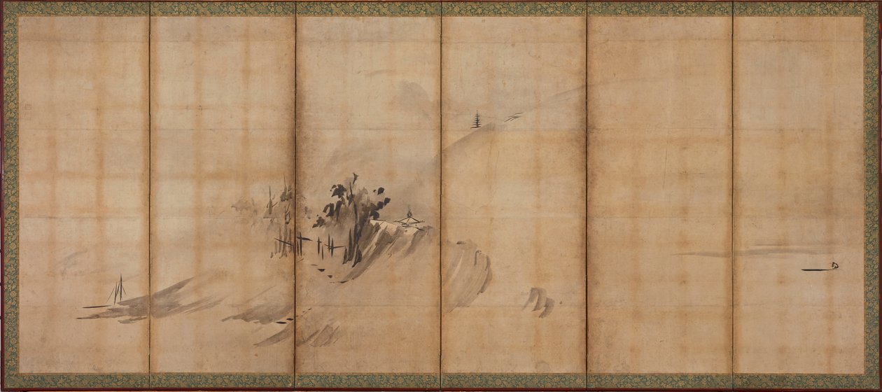 風景：丘と建物、室町時代、16世紀半ばから後半。 作： 雪村