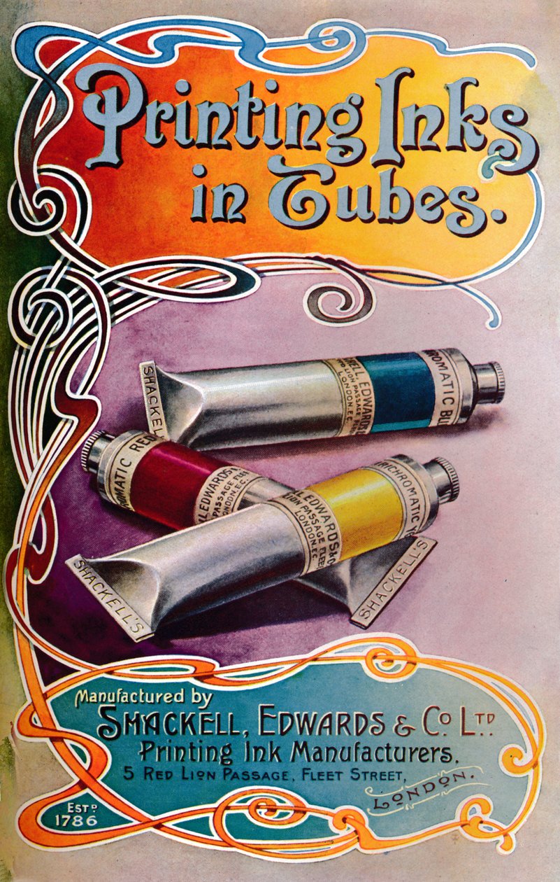 「チューブ入り印刷インキ - Shackell, Edwards & Co. Ltd. 広告」、1907 年 作： シャッケルエドワーズアンドカンパニー