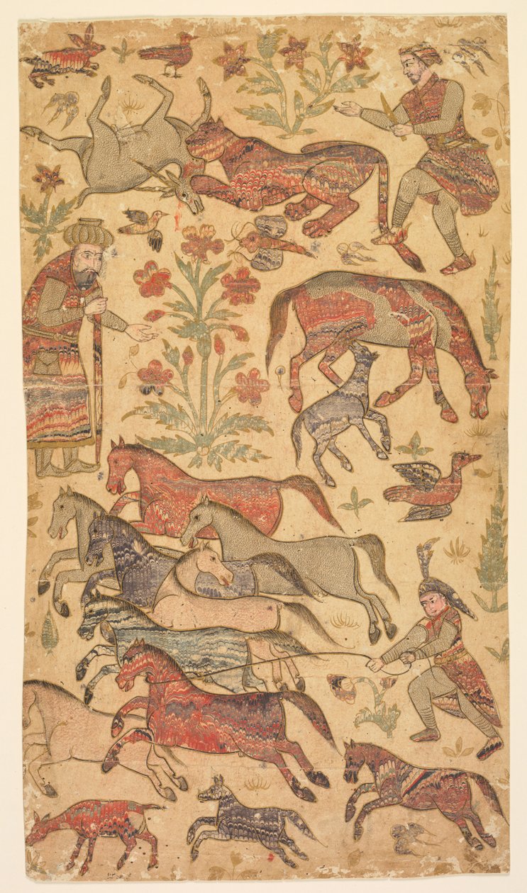 ラスタムがラクシュを捕まえるマーブル模様の絵、c. 1650年。 作： シャーフィイー学派