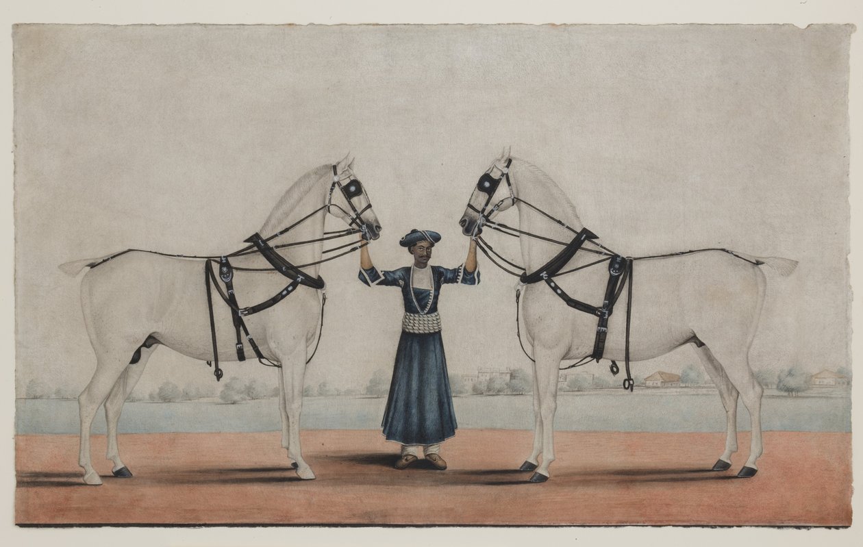 2頭の馬車を持つサイス（新郎）、1845年頃（紙に不透明な水彩画） 作： KarrayaのShaikMuhammadAmir（attr。to）