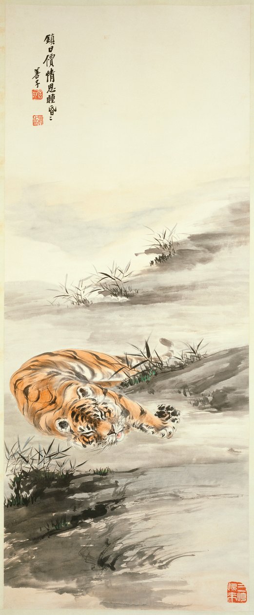 タイガー（紙に掛軸、インク、色） 作： Shanzi Zhang
