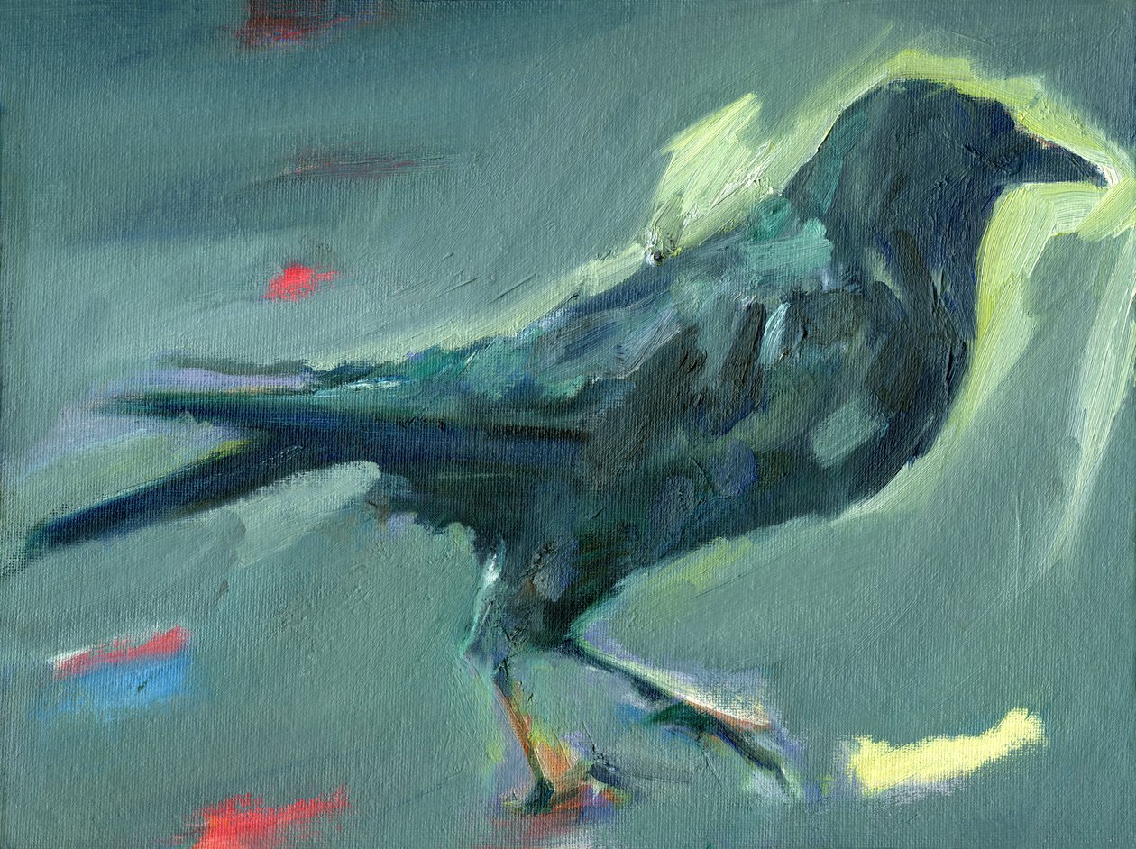 Walking Crow, 2024（キャンバスボードに油彩） 作： ショーン・キャリー