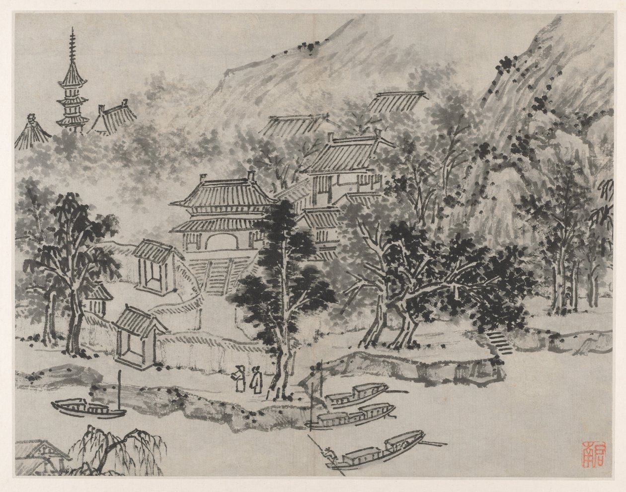蘇州タイガーヒルの12の景色：1490年後の係留運河からのタイガーヒルの遠景。 作： 沈周