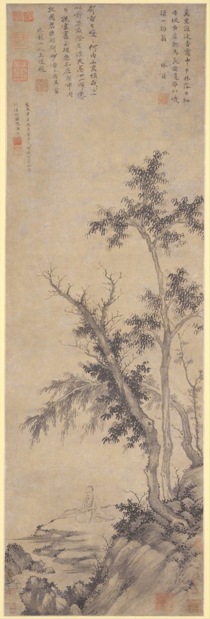 1350 年の秋の木での世捨て人釣り。 作： Sheng Mou
