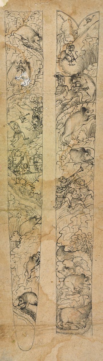 イノシシを狩るラージャ、鞘のデザイン、1750〜1760年頃（紙に不透明な水彩画） 作： Shevdar（attr.to）ガンゲヤギ