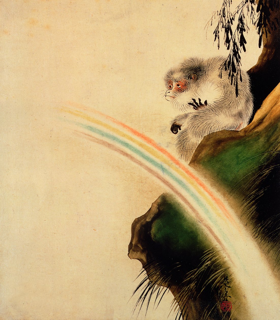 手前に虹のある岩の上に座っているテナガザル（紙に漆） 作： 柴田絶心
