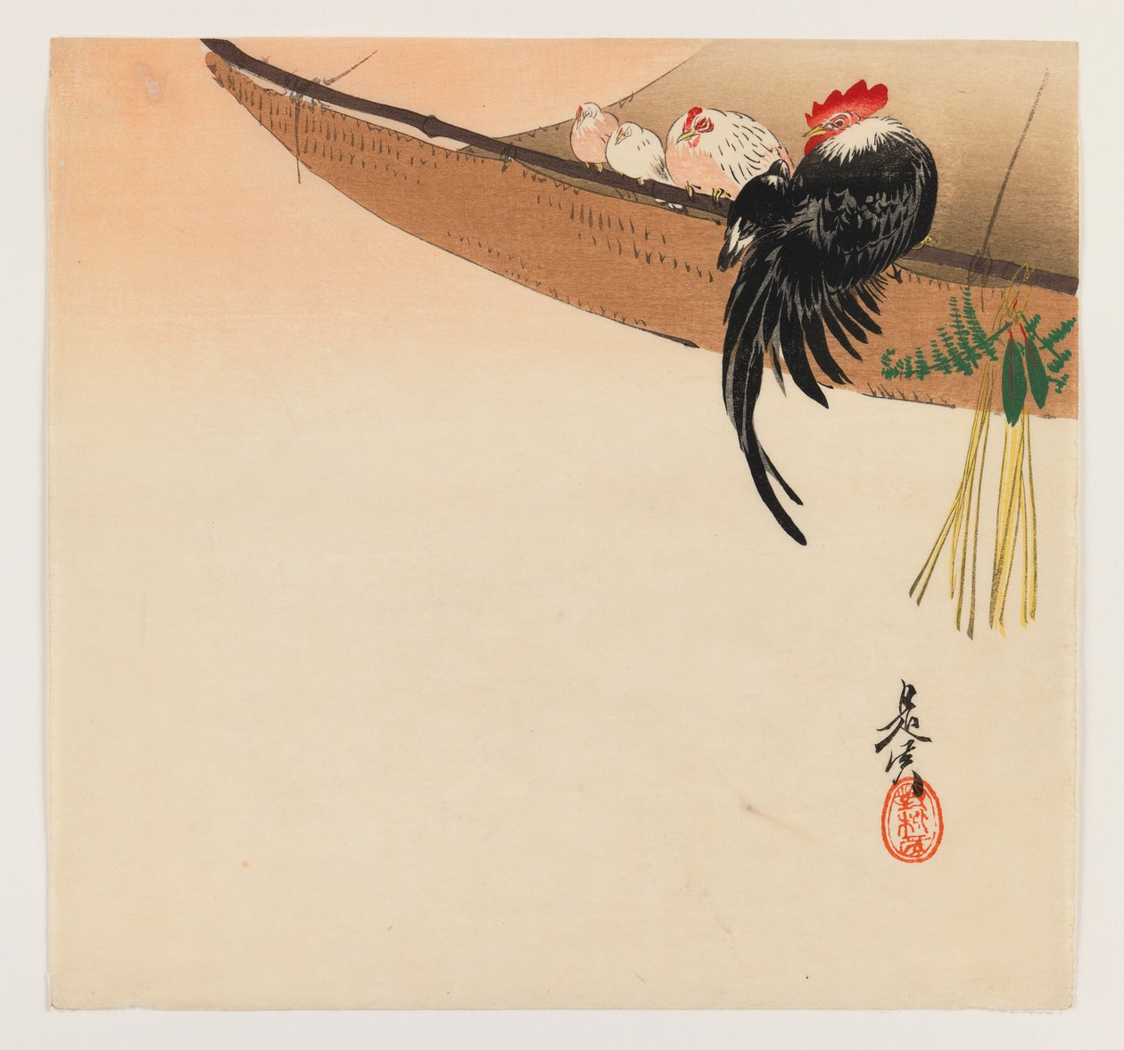 倉部花シリーズのハンモック付き鶏と雄鶏、1880年頃（木版カラー印刷） 作： 柴田絶心