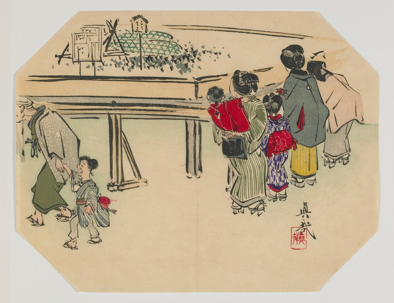 うちわ、女性と子供のための版画、明治時代、19世紀後半（色版画） 作： 柴田絶心