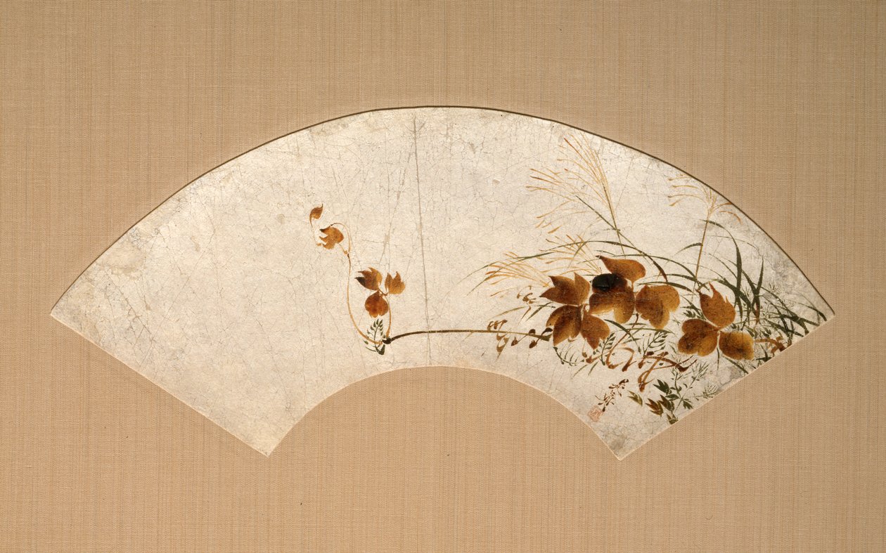 秋の葉と草（秋草図漆絵扇面） 作： 柴田絶心