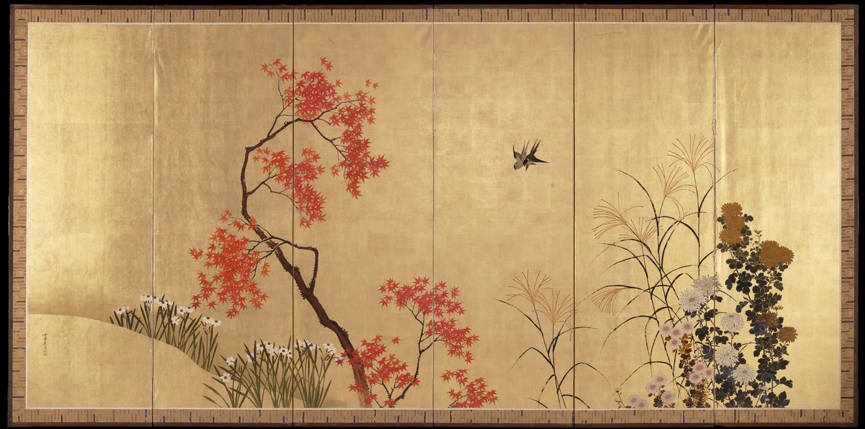 秋［春と秋の鳥と花の対の左］ 作： 柴田絶心