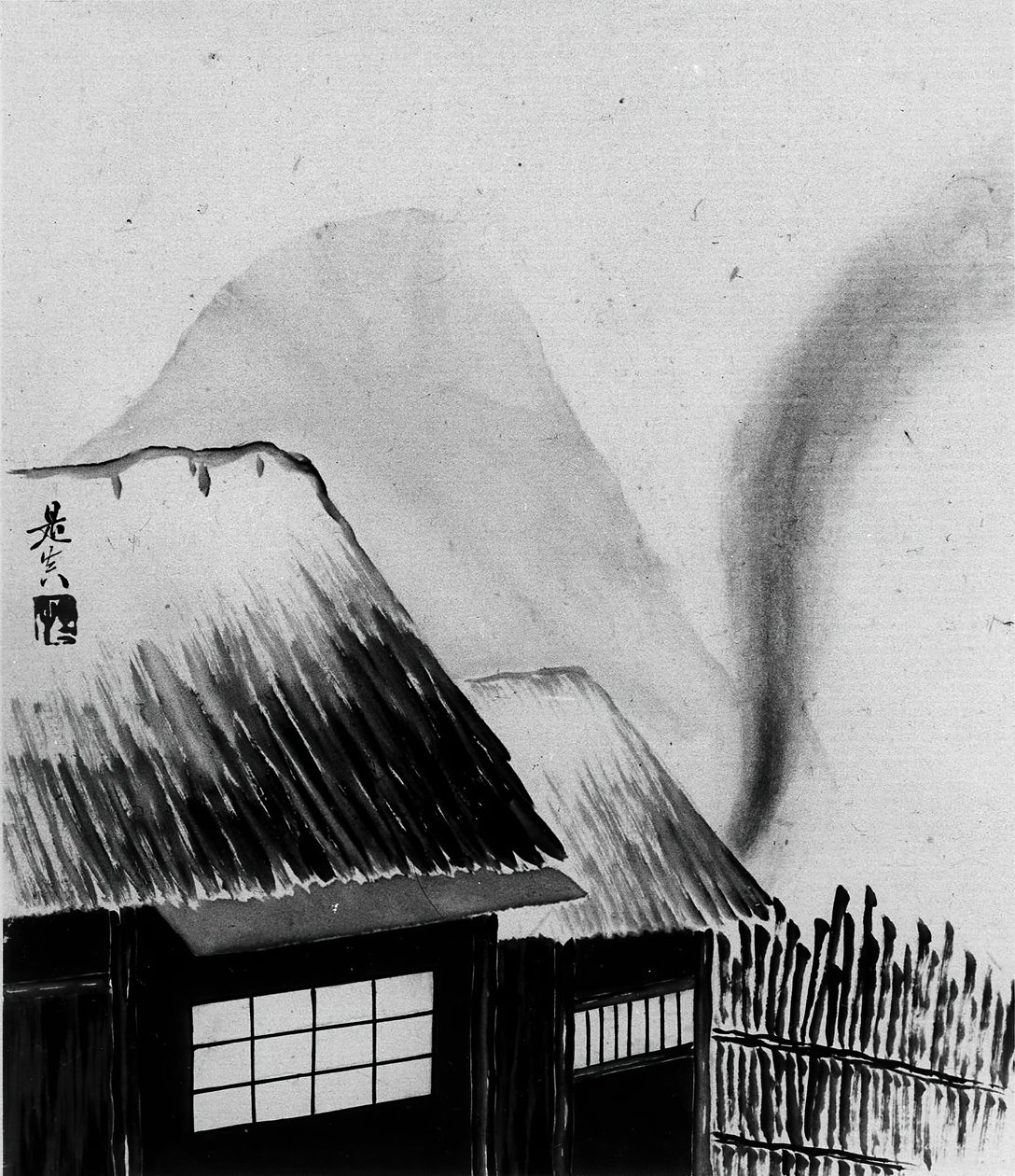 コテージと山、19 世紀。 作： 柴田絶心
