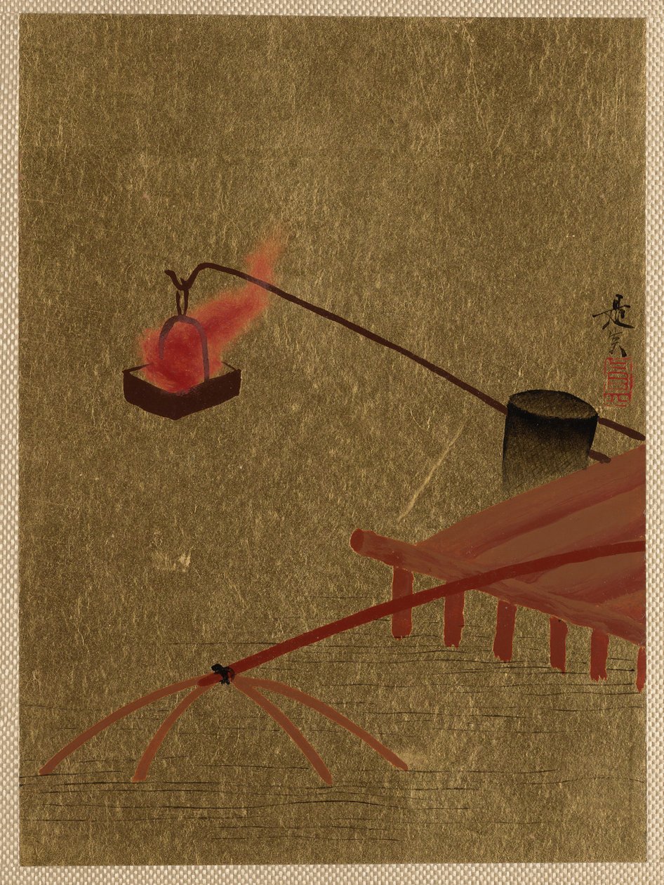 水中の魚網の上にドックから吊り下げられた火かご。 作： 柴田絶心
