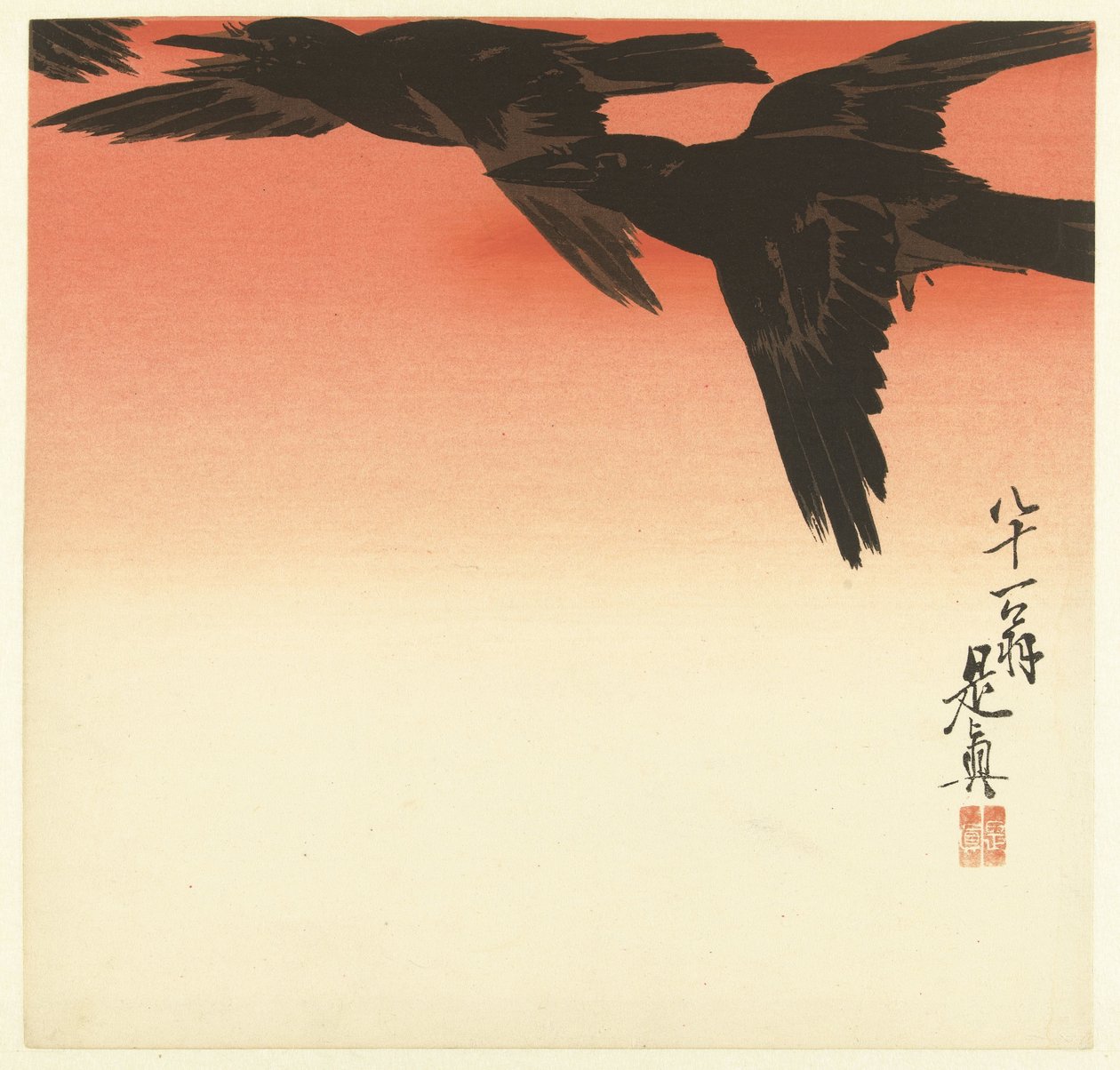 赤い空を背景にカラス 作： 柴田絶心