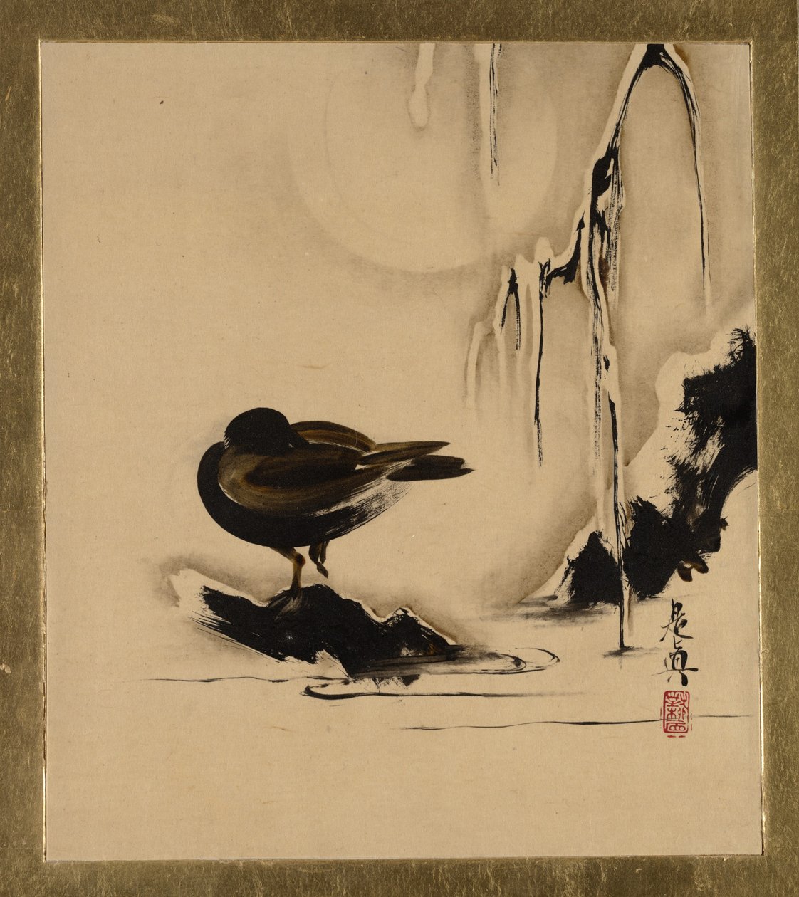 諸題の漆絵：雪中の鳥と柳 作： 柴田絶心