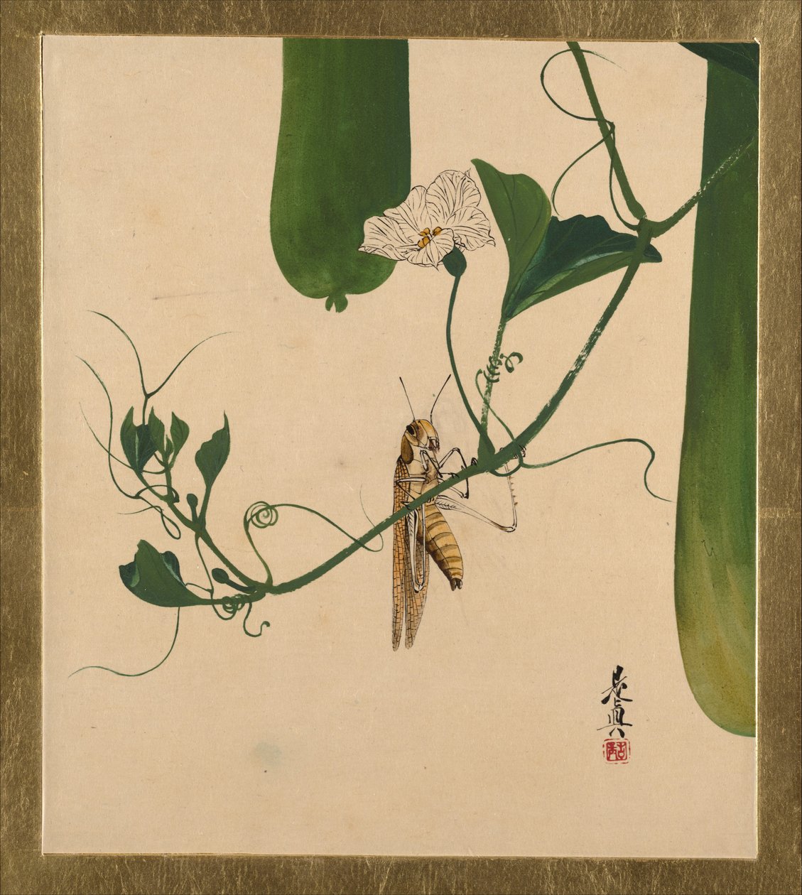 さまざまな題材の漆絵：瓢箪のつるの上のバッタ 作： 柴田絶心