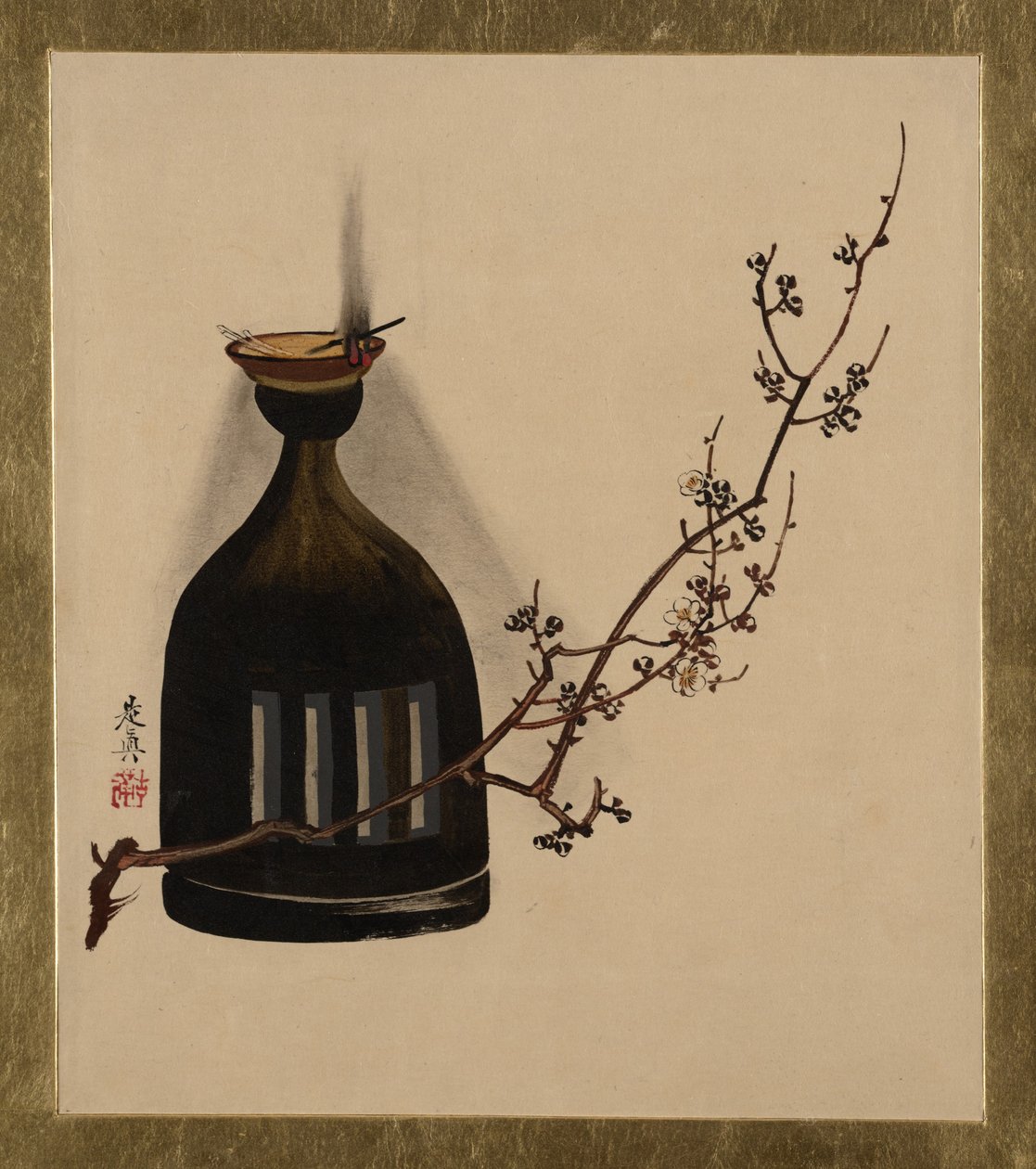 さまざまな題材の漆絵：油灯のある梅の枝 作： 柴田絶心