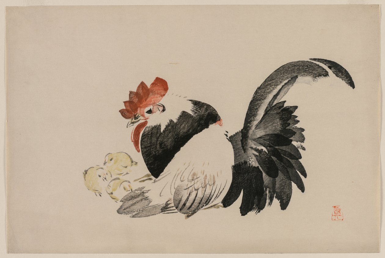 オンドリ、雌鶏、および雛、c。 1880年代。 作： 柴田絶心