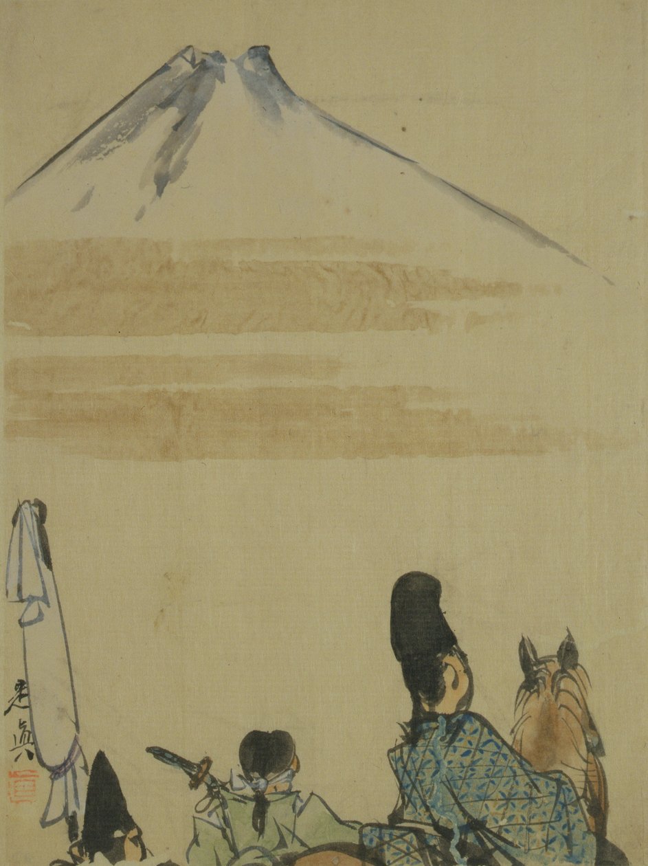 藤山山の近くの旅行者、1872年頃（紙にインクとトイレ） 作： 柴田絶心