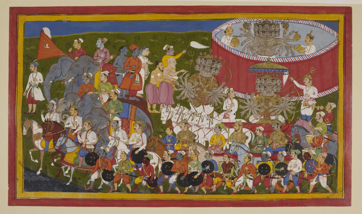 ラーヴァーナは黄金の鎧に身を包み、従者たちに挨拶されながら戦いに備える。 作： 