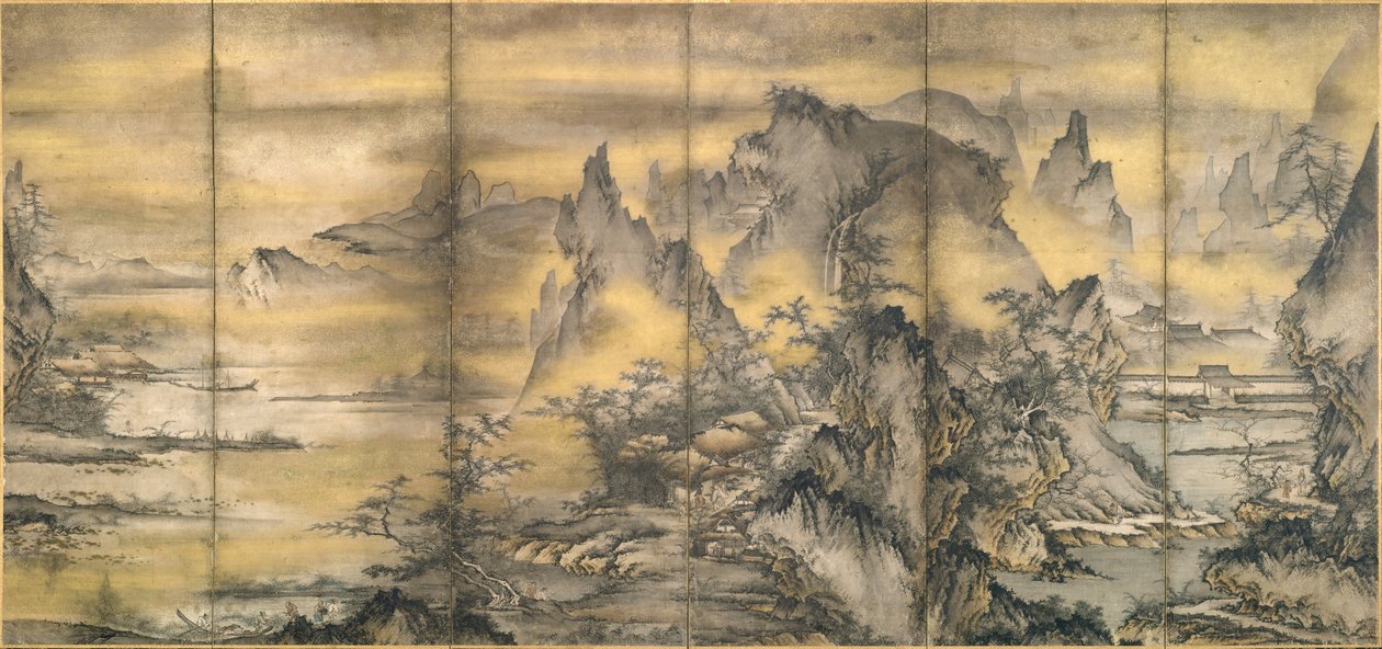 日本語：『式部輝忠筆 四季山水図屏風 室町時代四季山水図屏風』。 作： 式部輝忠