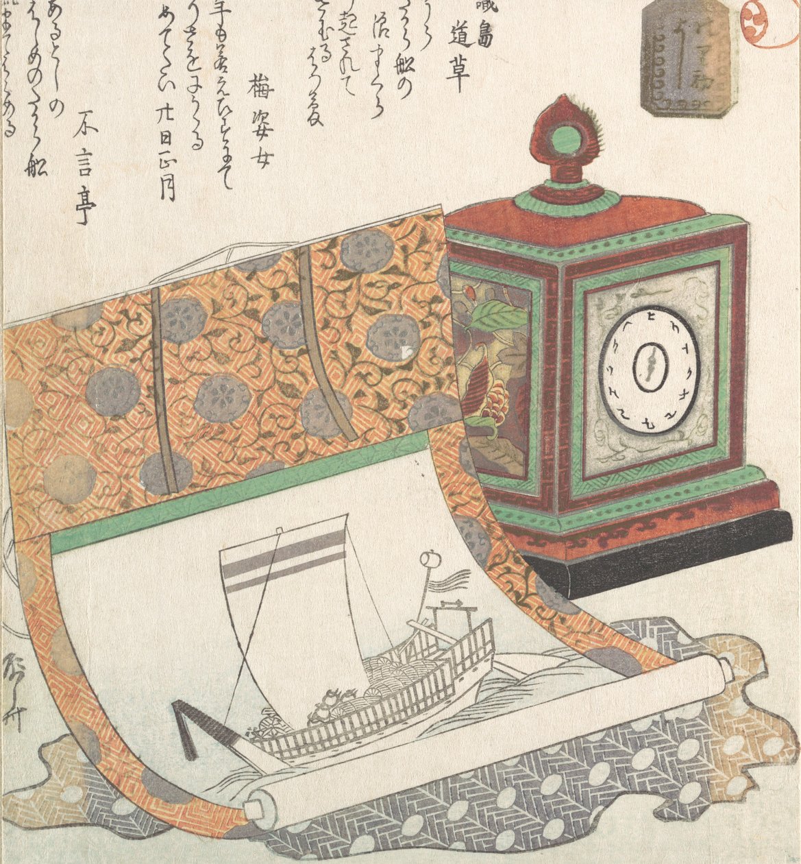 宝船の置時計と掛物, 19世紀., 19世紀. 作： 新西