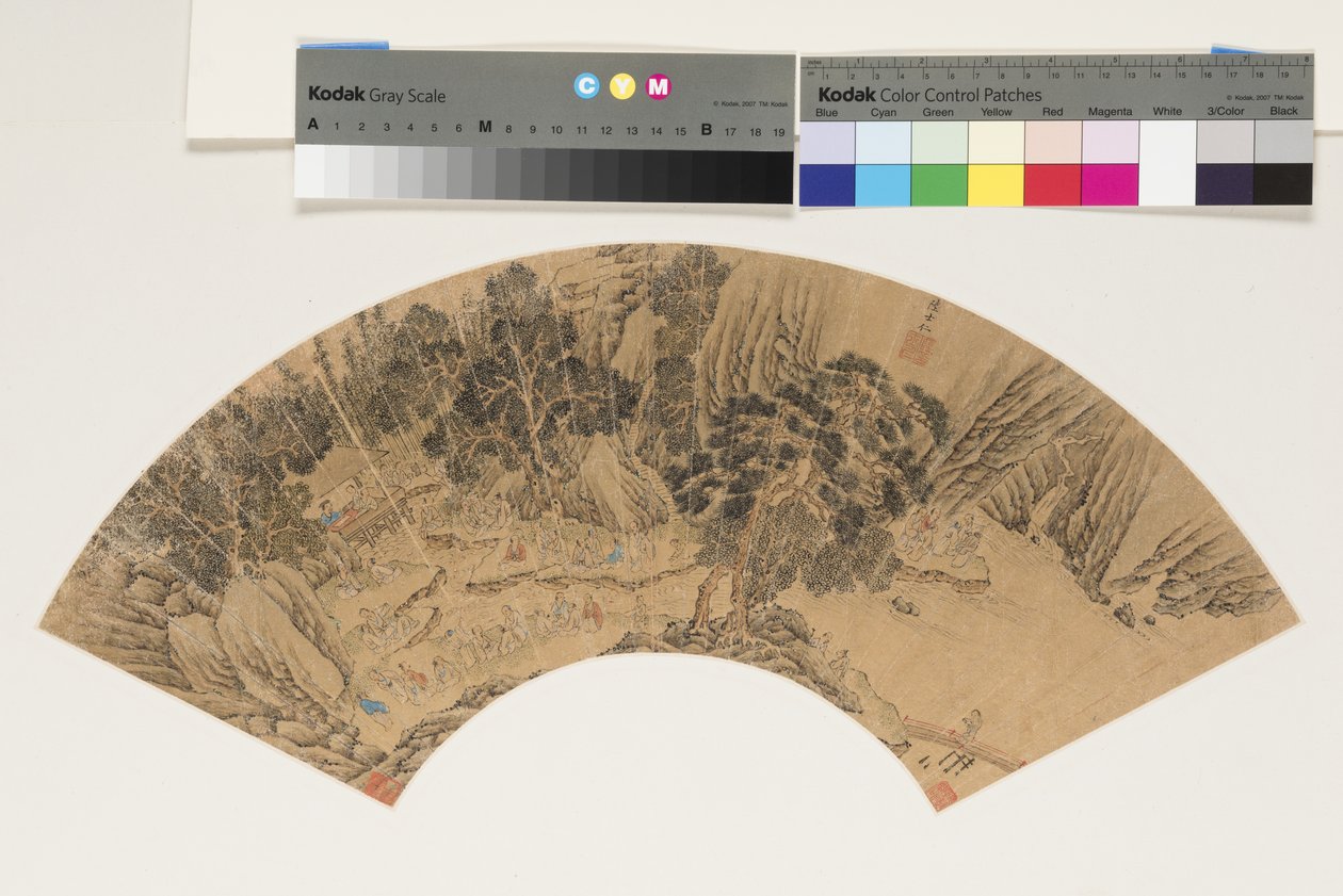 川岸での奨学生の集まり、1558（ボードに取り付けられた金の紙のインクと色） 作： シレン・ルー