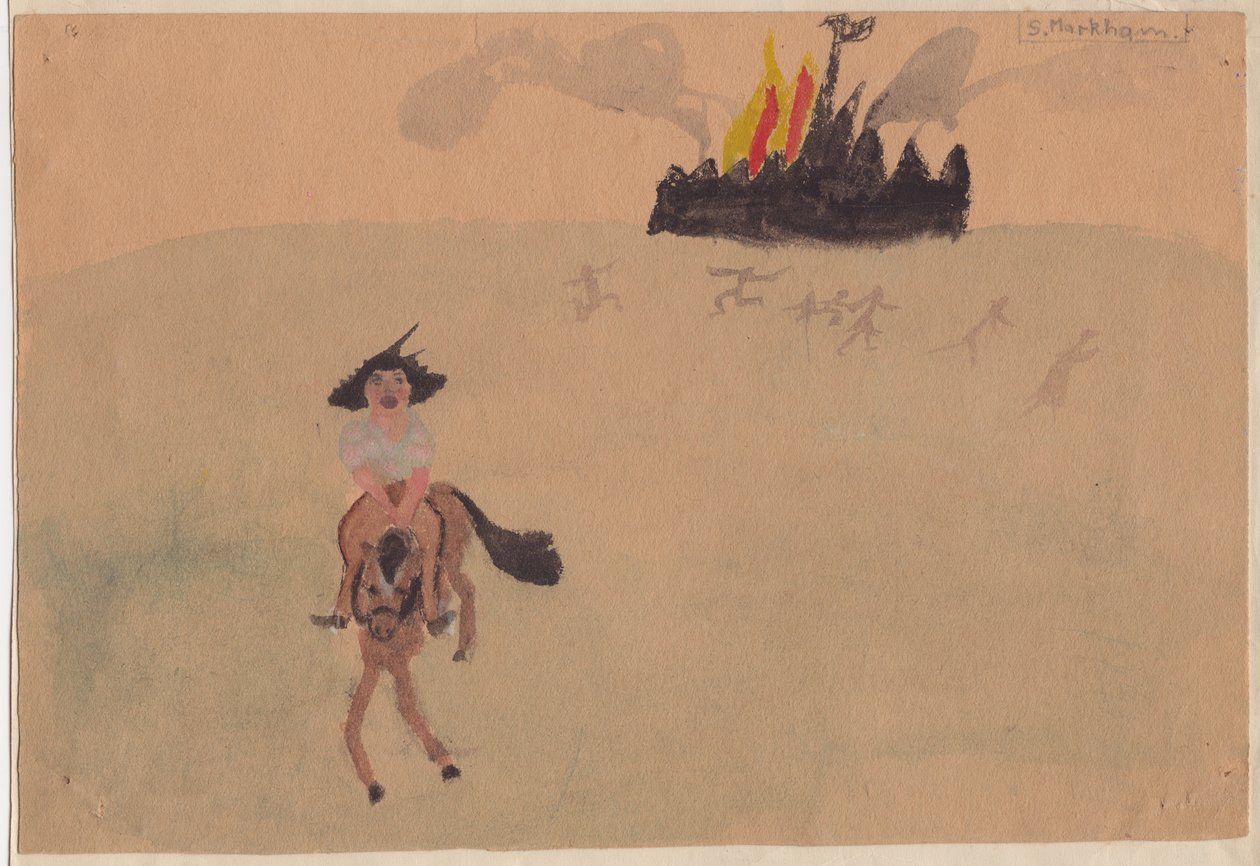 燃える砦から逃げる馬に乗った少女、c1941。 作： シャーリー・マーカム