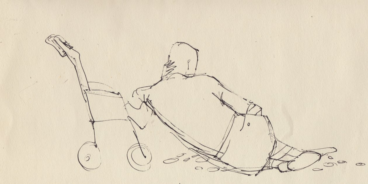 ビーチでベビーカーにもたれかかる男性、c1950。 作： シャーリー・マーカム