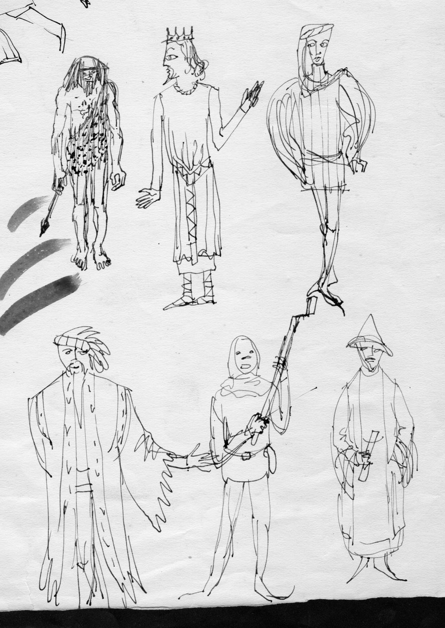 スケッチのページ、当時の衣装を着た人々、1950 年頃。 作： シャーリー・マーカム