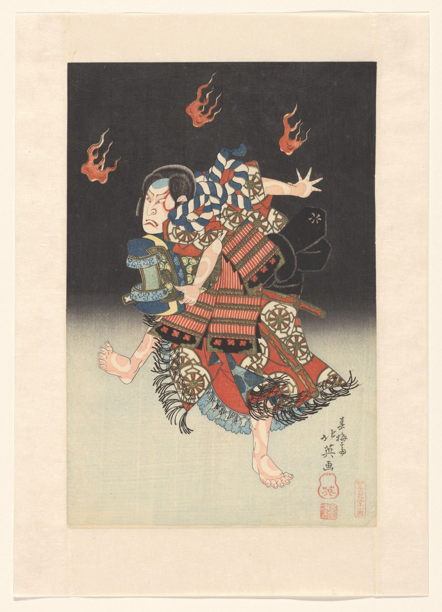 Nakamura Shikan II als de vos (kitsune) Genkurô in het toneelstuk ‘Hanayagura hitome senbon’, Naka Theater 作： 春梅斎北英