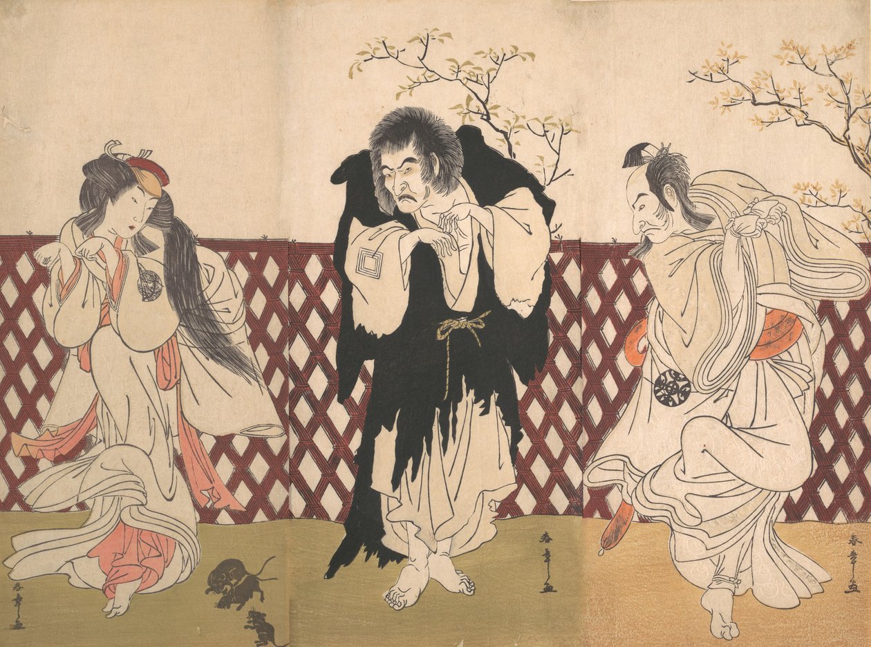 芝居「花相雲源氏引」より文覚僧の四代目市川團十郎、1775年。 作： 春章