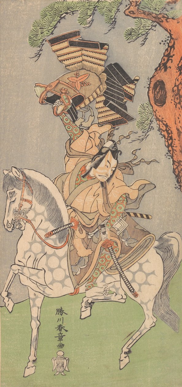 市川團十郎 5 世、まだらの灰色の馬に乗った武士、1771 年。 作： 春章