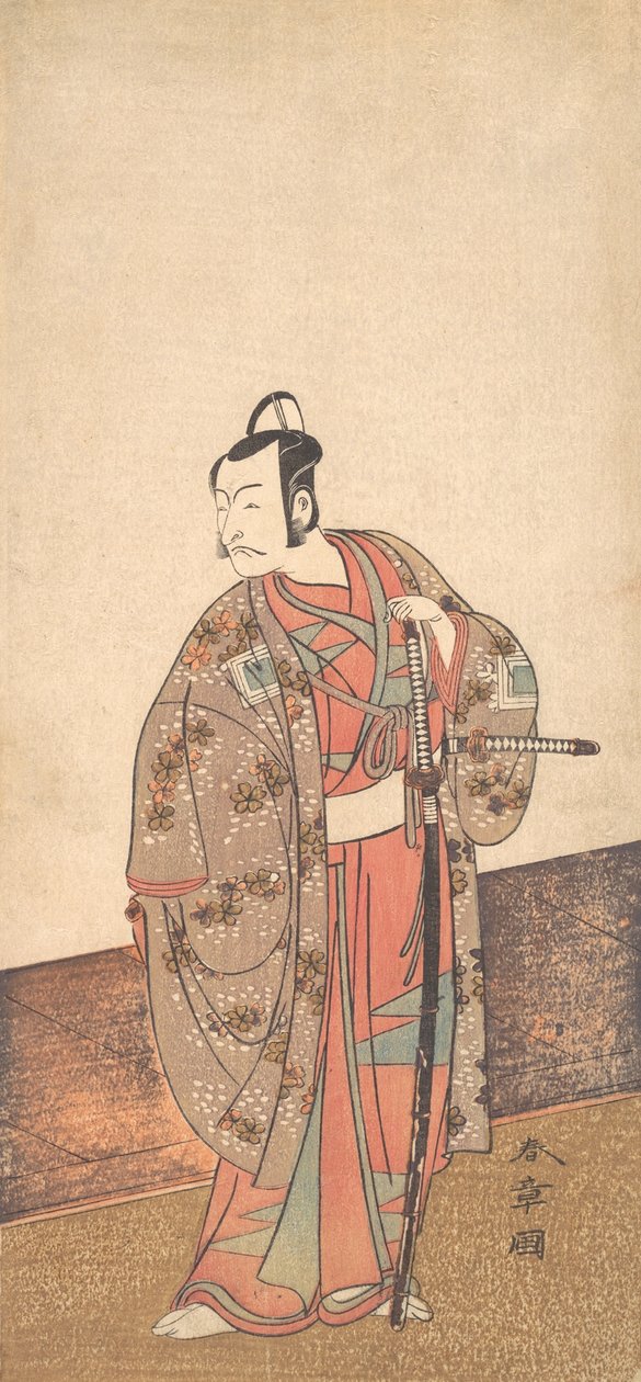 家の中と縁側の前に立つ俳優の五代目市川團十郎。 1772年。 作： 春章