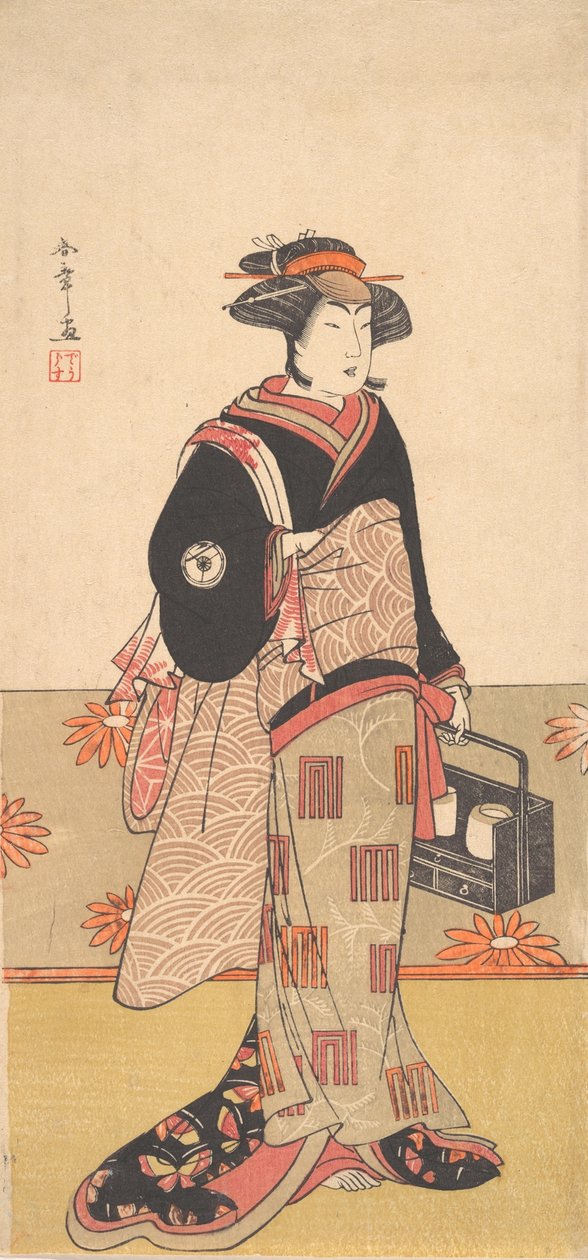 俳優の岩井半四郎四代目黒着物の女。 1780年。 作： 春章