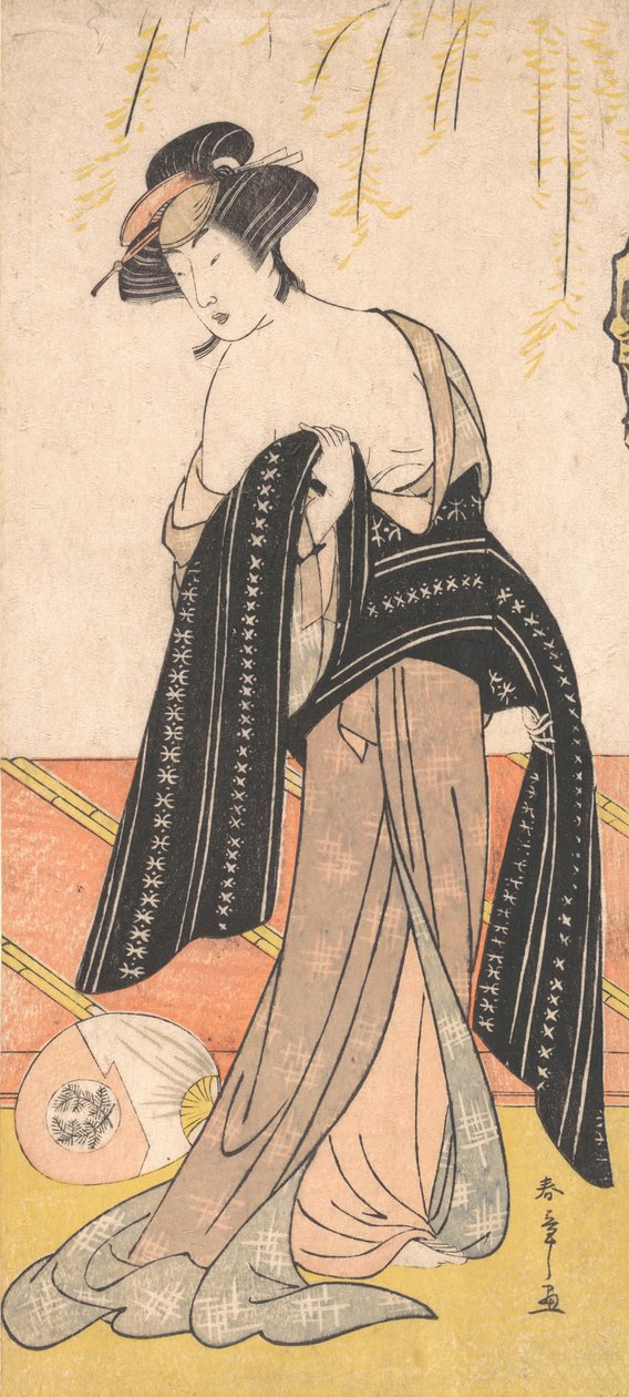 帯を結ぶ花魁としての俳優中村梨子, ca. 1779年。 作： 春章